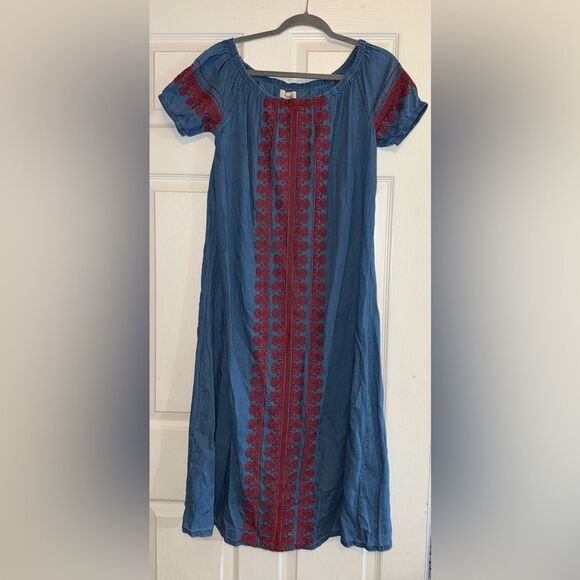 Madewell Embroidered Indigo Mercado Chambray Off Shoulder Dress NO BELT EUC S - Picture 2 of 8